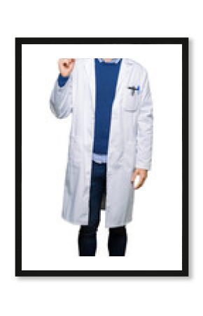Young handsome scientist man wearing glasses pointing finger up with successful idea. Exited and happy. Number one.