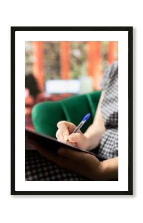 Psychology expert writing the progress of a client during therapy meeting, offers counseling to help overcome anxiety and depression. Counselor addressing mental health issues. Close up.