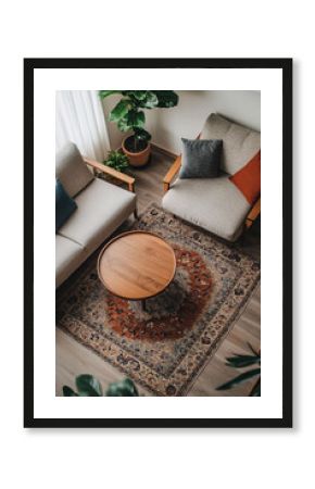 Cozy seating area with Persian carpet and wooden furniture