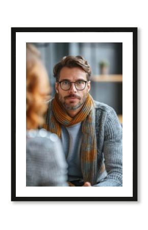 A male psychologist works with a client. Portrait with selective focus