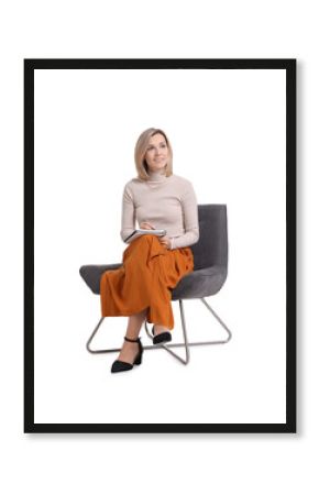 Professional psychologist with notebook sitting on chair against white background