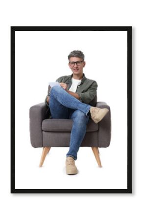 Professional psychologist with notebook sitting on chair against white background