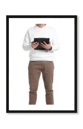 Portrait of professional psychologist with clipboard on white background