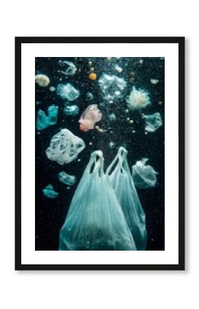 Plastic bags and microplastic trash flow upward in dark ocean water, illustrating pollution