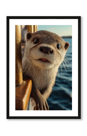 a happy cute baby otter leaning against the edge of a boat, smiling expression, soft fluffy wet fur, big curious eyes, relaxed pose, ocean in the background