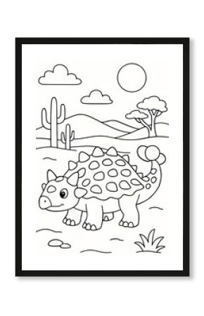 a cute ankylosaurus in the desert. Coloring page for kids