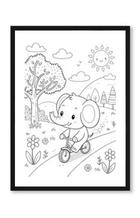 Cute elephant riding bicycle in park coloring page for kids activity