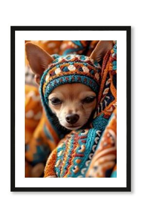 Portrait of a Small Brown Chihuahua Wearing a Colorful Knitted Sweater and Hat