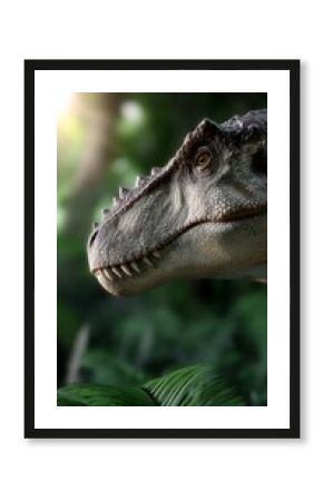 Close-up of a prehistoric T-Rex in a lush jungle environment