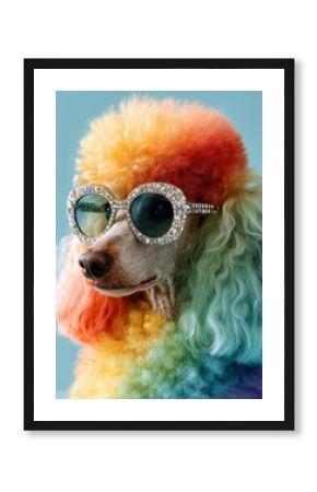Pudel mit regenbogenfarbenem Lockenfell und Strassbesetzter Sonnenbrille vor pastellblauem Hintergrund