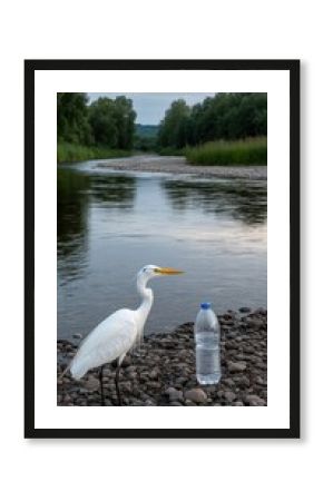 Plastic water bottle stands in river with white heron and blurred greenery in natural light