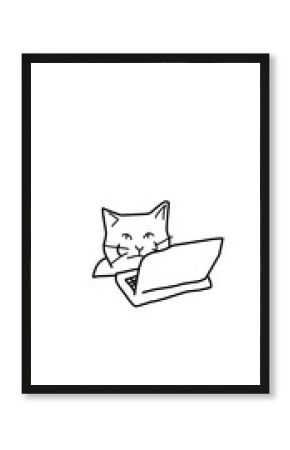 cat work laptop line art illustration hand drawing meme