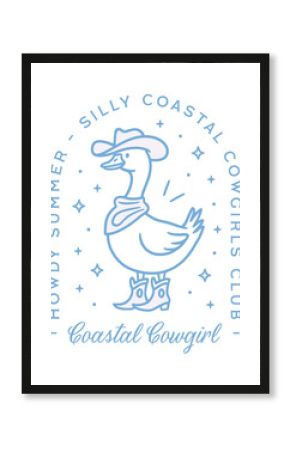 Coastal cowgirl club silly goose squad west coast girly aesthetic country girl howdy summer quotes. Retro blue cowboy boots printable women girls trip matching shirt design transparent background png.