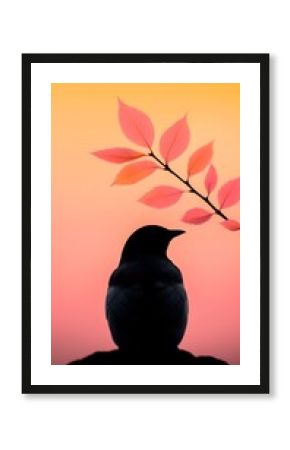 Silhouette of a Bird with Pink Autumn Leaves at Sunset