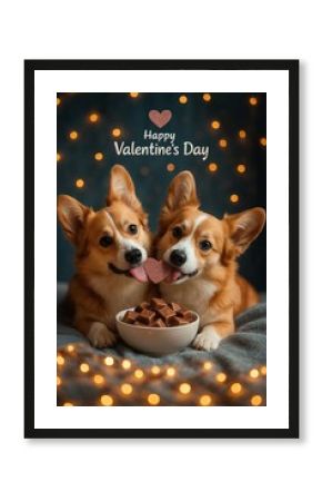 Adorable Corgi Dogs Sharing Sweet Treats Happy Valentines Day Festive Romantic Couple Pet Love Chocolate Hearts Festive Lights Cozy Winter Background Perfect for Cards Joy Cute Warm Soft Gold Dark    