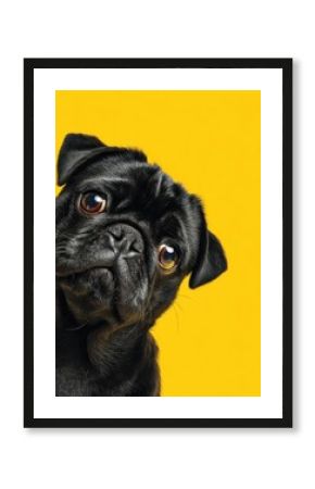 A black pug with large, sparkling eyes tilts its head slightly, giving a curious and adorable expression against a vibrant yellow backdrop. The playful nature of the dog shines through