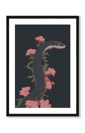 Black snake and flowers reptile plant rose.