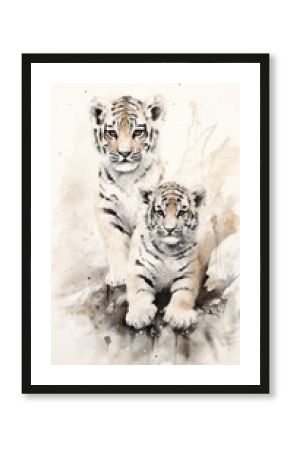 Tiger cubs with mountain chinese brush tiger wildlife animal.