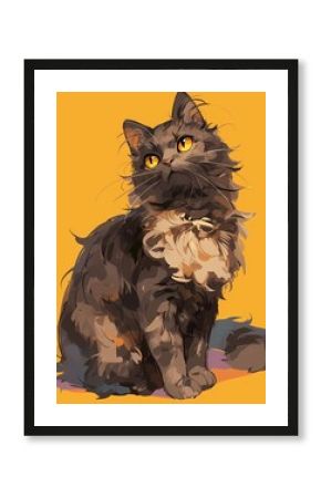 Anime illustration of a fluffy cat with yellow eyes on a vibrant yellow background.