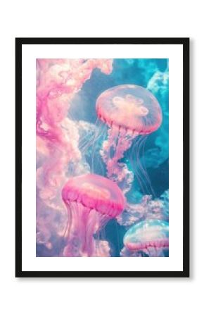 Pink jellyfish gracefully float in an ethereal, underwater scene