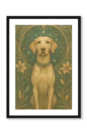 Majestic dog amidst floral swirls.
