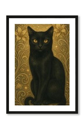 Elegant black cat with floral background.