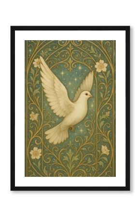 Elegant dove amidst floral design.