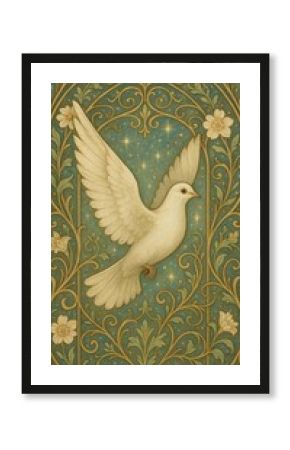 Elegant dove amidst floral design.