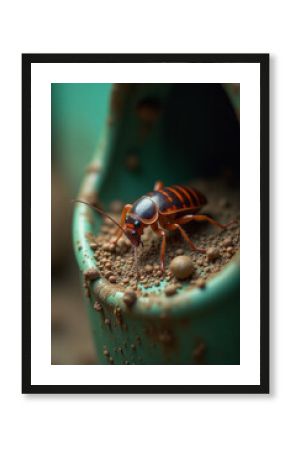 A tiny insect sits in a small terrarium filled with soil and plants, great for use as a medical or scientific illustration