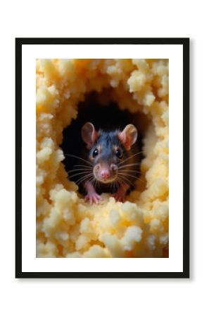 A curious rat is peeked out of a hole in a pile of cheese