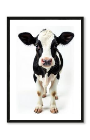 A black and white cow standing on a white surface, a simple yet striking image