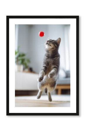 Gray cat jumping around playing with a cat toy at home. Having fun with pets indoors. Super wide angle shot.