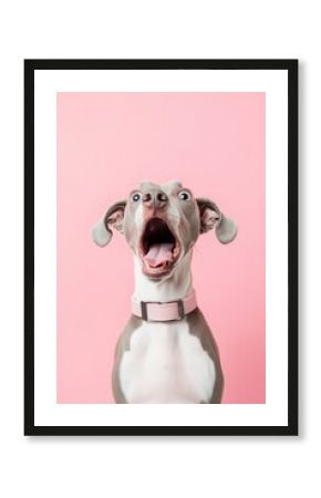 In a playful mintcolored setting, a shocked dog displays an immensely expressive face, capturing pure surprise