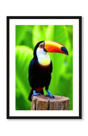 Colorful toucan on wooden post against green foliage