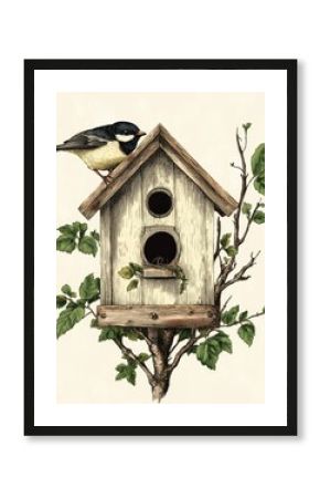 Birdhouse Illustration. Vintage Home for Birds in Retro Style