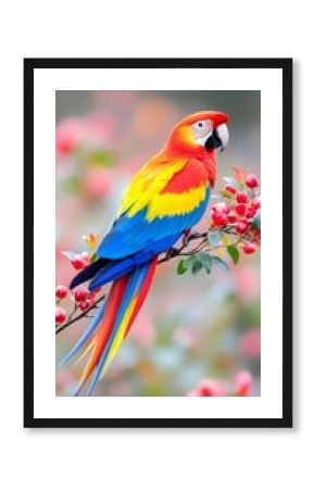 A vibrant scarlet macaw, perched on a flowering branch, displays its brilliantly colored plumage against a soft-focus background of pink blossoms.  Its long tail feathers stream downwards