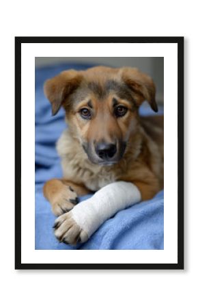 Injured brown puppy with bandaged paw resting on blue blanket