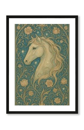 Majestic horse amidst floral stars.