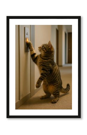 Adorable tabby cat standing on its hind legs, pressing an elevator button with curiosity.
