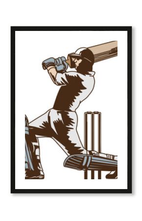 Two-tone flat design cricket batsman is swinging bat across wicket stumps, transparent background