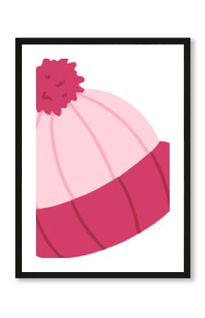 Pink ribbed knit winter hat is floating in flat style with fluffy pom-pom, transparent background