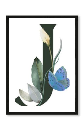 Flat design letter J is featuring pale flower bud, green leaves and butterfly on clear background