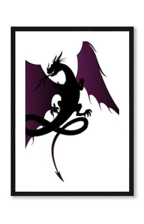 Stylized dragon is flying with membrane wings, tail, claws, horns, whiskers, transparent background