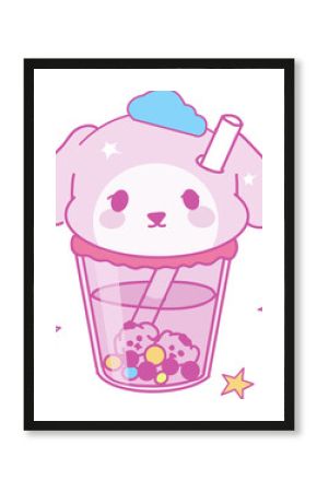 Stylized kawaii cup is featuring pastel pink boba with cartoon dog scoop on transparent background