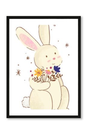 Cream-colored flat rabbit holding wildflower bouquet with sparks floating over transparent backdrop