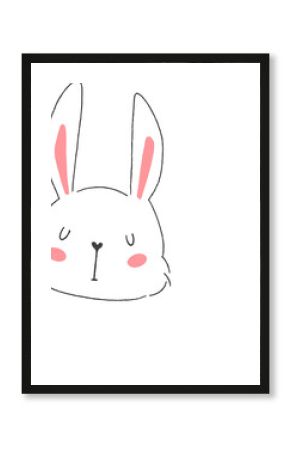 Hand-drawn sketch rabbit head and paws popping behind fluffy clouds on transparent background