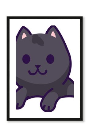 Dark gray cartoon cat is resting on transparent background in flat design, featuring purple outline
