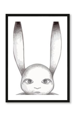 Grayscale rabbit head is floating on transparent background, with elongated ears and ruffle collar