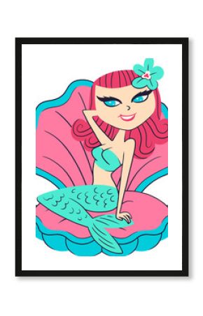 Flat design mermaid is sitting inside pink teal clam shell with pink hair, transparent background