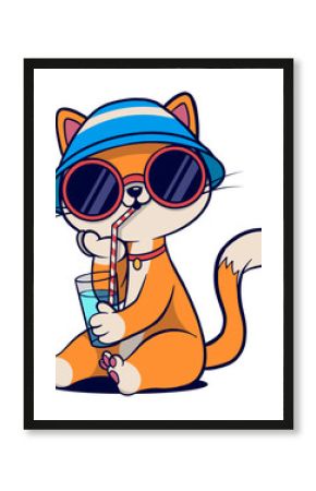 Flat design cat is sipping blue drink from glass, wearing bucket hat  and  shades, transparent backd